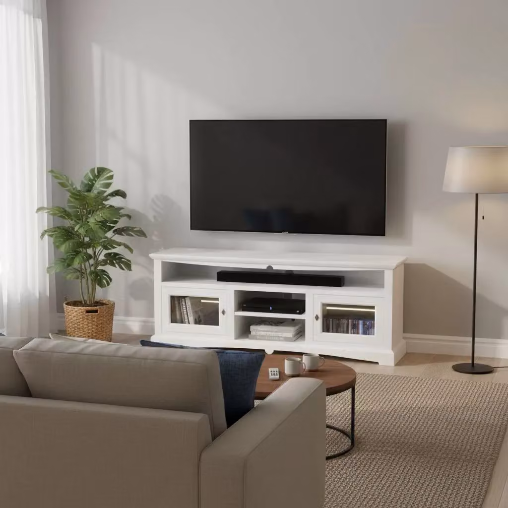 Mobile porta TV Goccia Mobili 2G in legno laccato bianco con dettagli in vetro L: 170 cm, P: 46 cm, H: 69 cm – 2