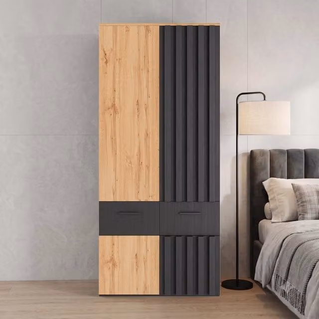 Armadio alto 90 x 50 x 200 cm; ante effetto lamelle; 1 asta appendiabiti; 2 cassetti; 2 scomparti contenitore