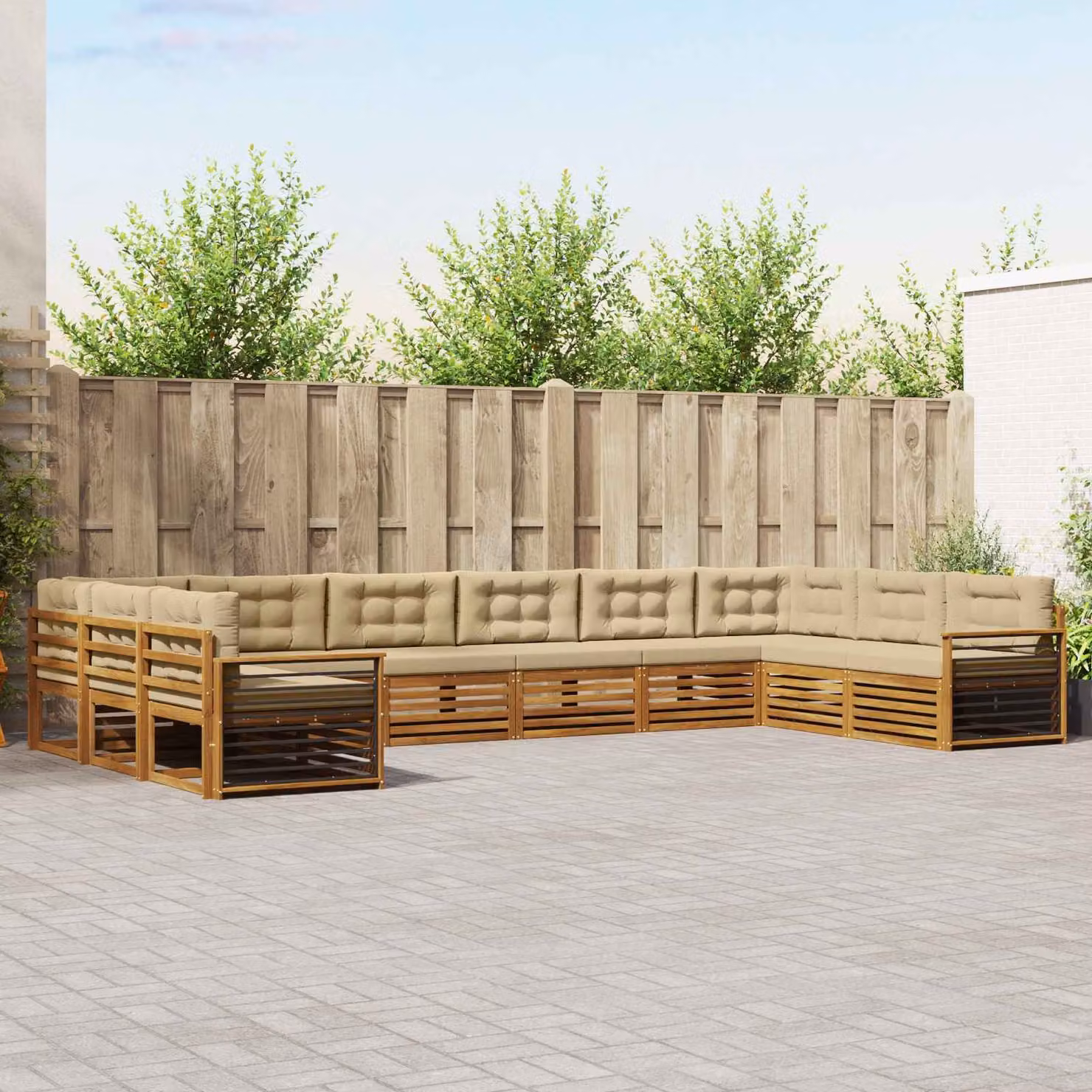 Set di divani da giardino vidaXL in legno di acacia massello, 10 pezzi, beige e marrone con cuscini inclusi