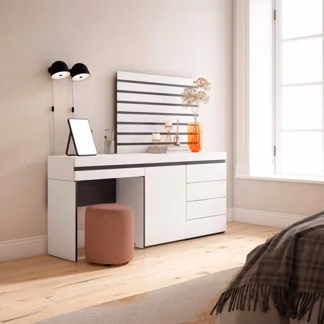 Tavolo da toeletta, 177x35x145cm, Con cassetto, Cassettiera, Pannelli Decorativi, Bianco RF3458