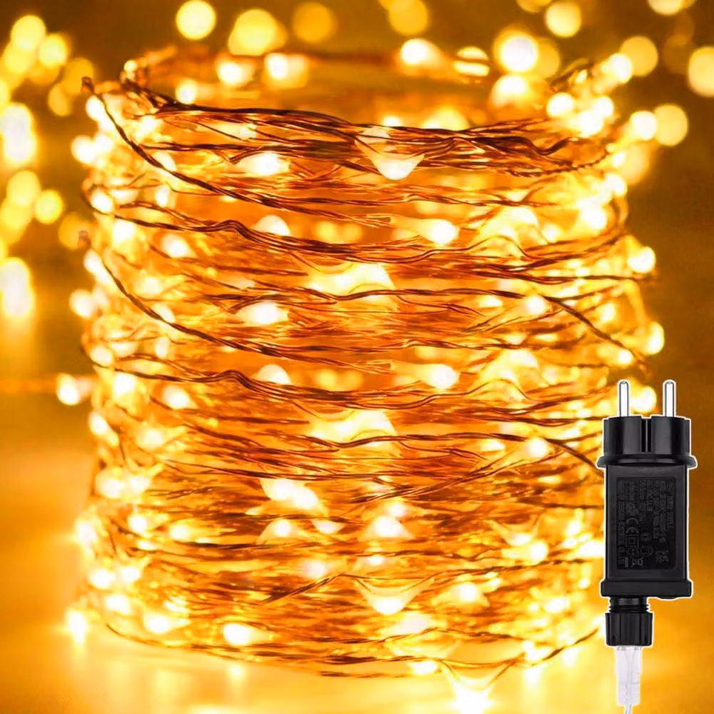 Catena luminosa a LED, 100 metri, 1000 LED, luce bianco caldo, 8 modalità, grado di protezione IP44