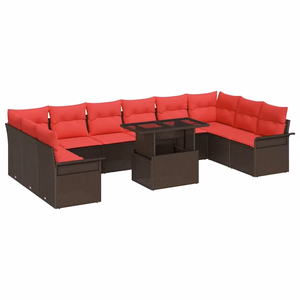 Set Divano da Giardino Moderno vidaXL a Forma a U con Tavolino e Cuscini, Colore Marrone e Rosso, Struttura in Metallo e Rattan con Cuscini in Schiuma e Rivestimenti Rimovibili – 2