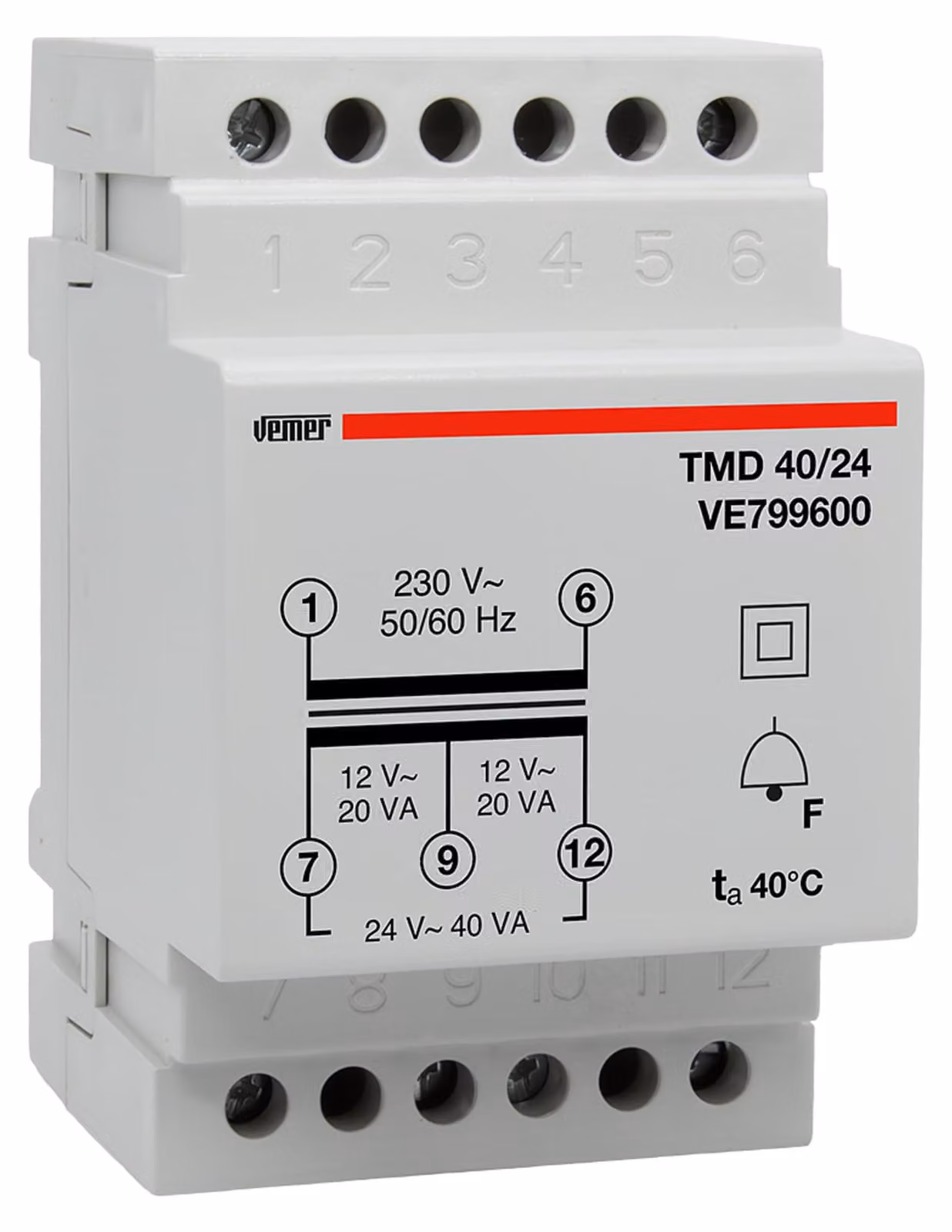 Trasformatore da 24 V per campanello, montaggio su guida DIN, potenza 40 VA, colore bianco