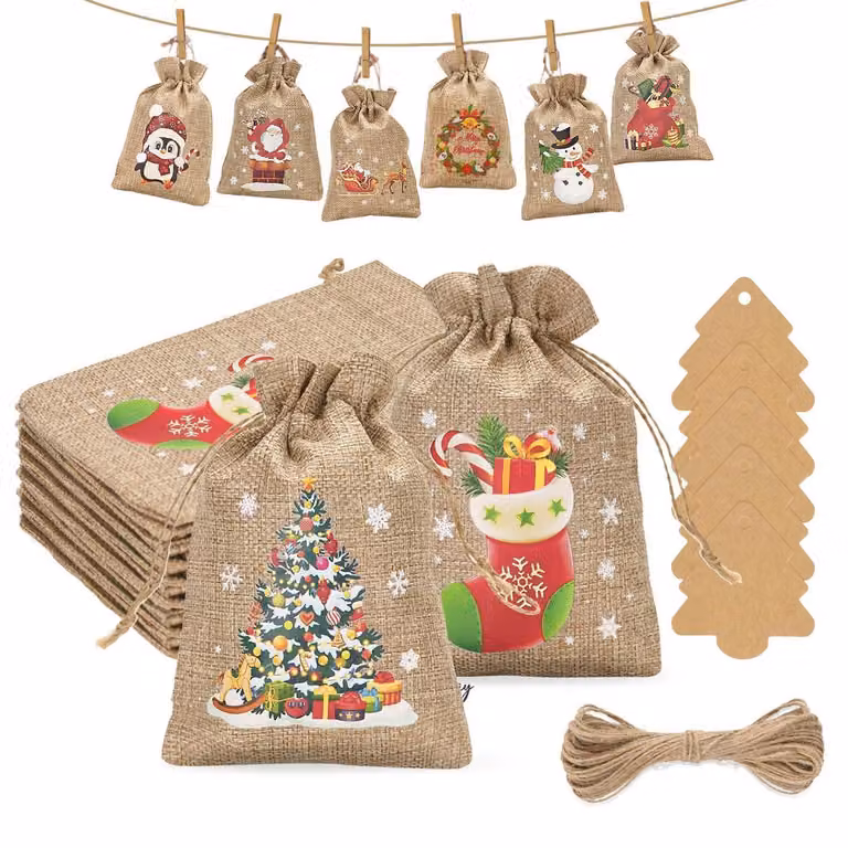 Calendario dell'Avvento con 24 sacchetti in iuta, dimensioni 13x18 cm, con cordoncino e decorazione