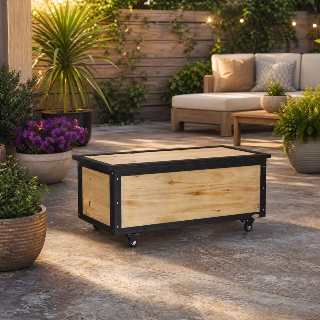 Cassapanca da esterno MODFU in legno di abete naturale marrone con ruote L/P/H: 100 x 50 x 43 cm – 2