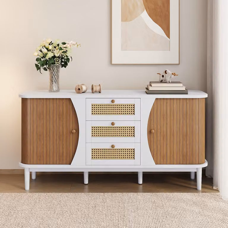 Comodino - Cassettiera - Mobile contenitore - Credenza - Tavolo da buffet - Ante in vimini - Legno massello - Ante scorrevoli - 80x40x85 cm