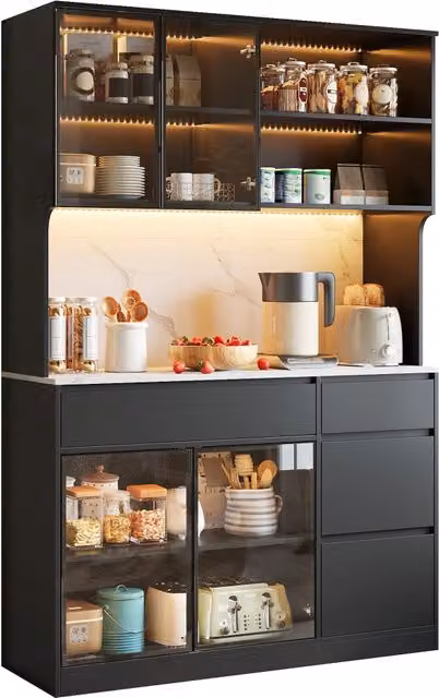 Credenza alta moderna con illuminazione LED, ante in vetro, ripiani e cassetti interni, in MDF bianco e nero, L: 120 cm, P: 40 cm, H: 180 cm – 1