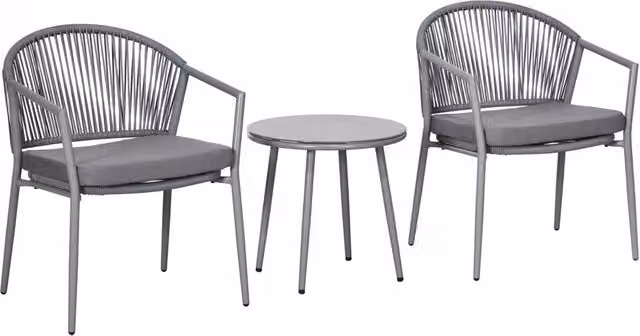 Set da giardino Minimal composto da tavolo con piano in vetro e 2 sedie in rattan e metallo, colore grigio
