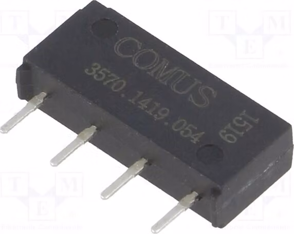 1 relè: Tensione di commutazione massima 200 VDC; Bobina: 5 VDC, 10 W, 500 mA; Montaggio su circuito stampato; Codice prodotto: 3570.1419.054; Elettromagnetico