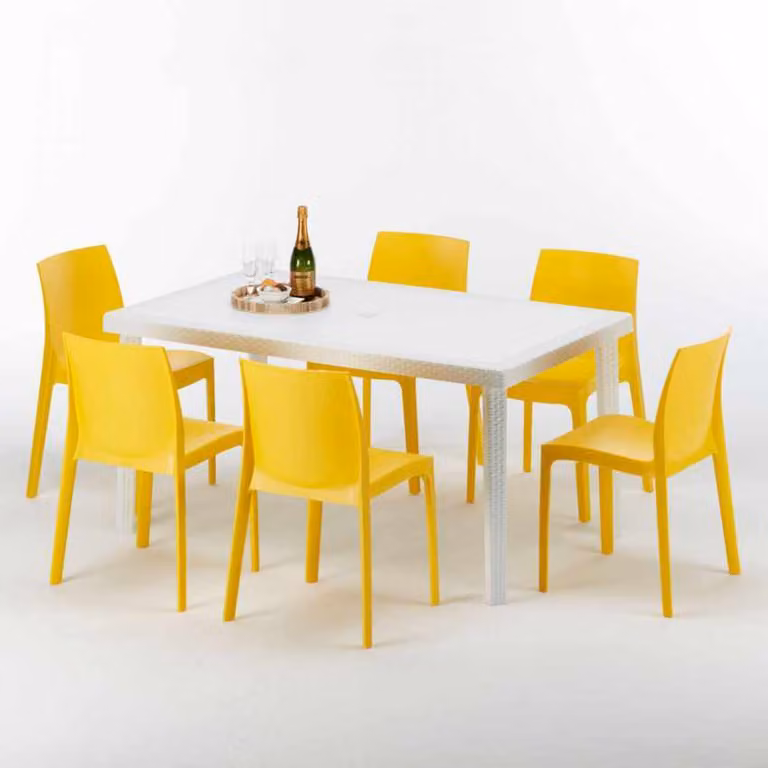 Tavolo rettangolare bianco e 6 sedie Set di bastoni da esterno in polipropilene colorato Grand Soleil Rome Summerlife - Giallo