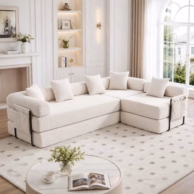 Desviae Divano modulare in velluto a coste beige con tasca laterale e moduli combinabili convertibile in letto per soggiorno