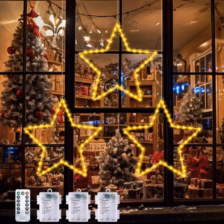 Catena luminosa a LED con 3 stelle, 40 LED, luce bianca calda, con timer e alimentazione a batteria