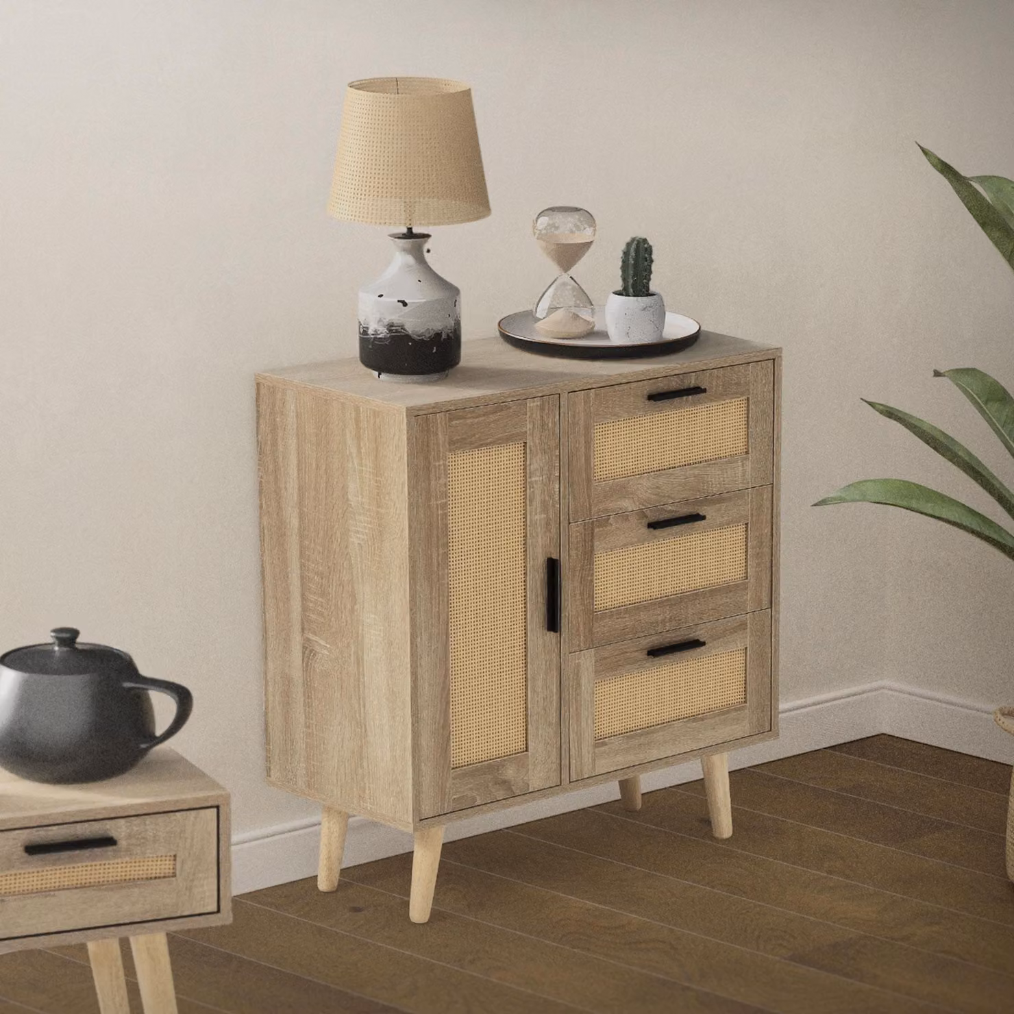 ML-Design credenza con frontale in rattan, 74x76x30 cm, effetto rovere, per soggiorno e corridoio