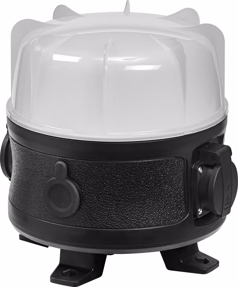 OSRAM VAL 360 2XSOK Faro da lavoro a LED, grigio scuro/nero, 30W, 3000lm, colore della luce bianco freddo, faro da lavoro a 360° con due prese integrate, luce a 360°, classe di protezione IP54, 6500K