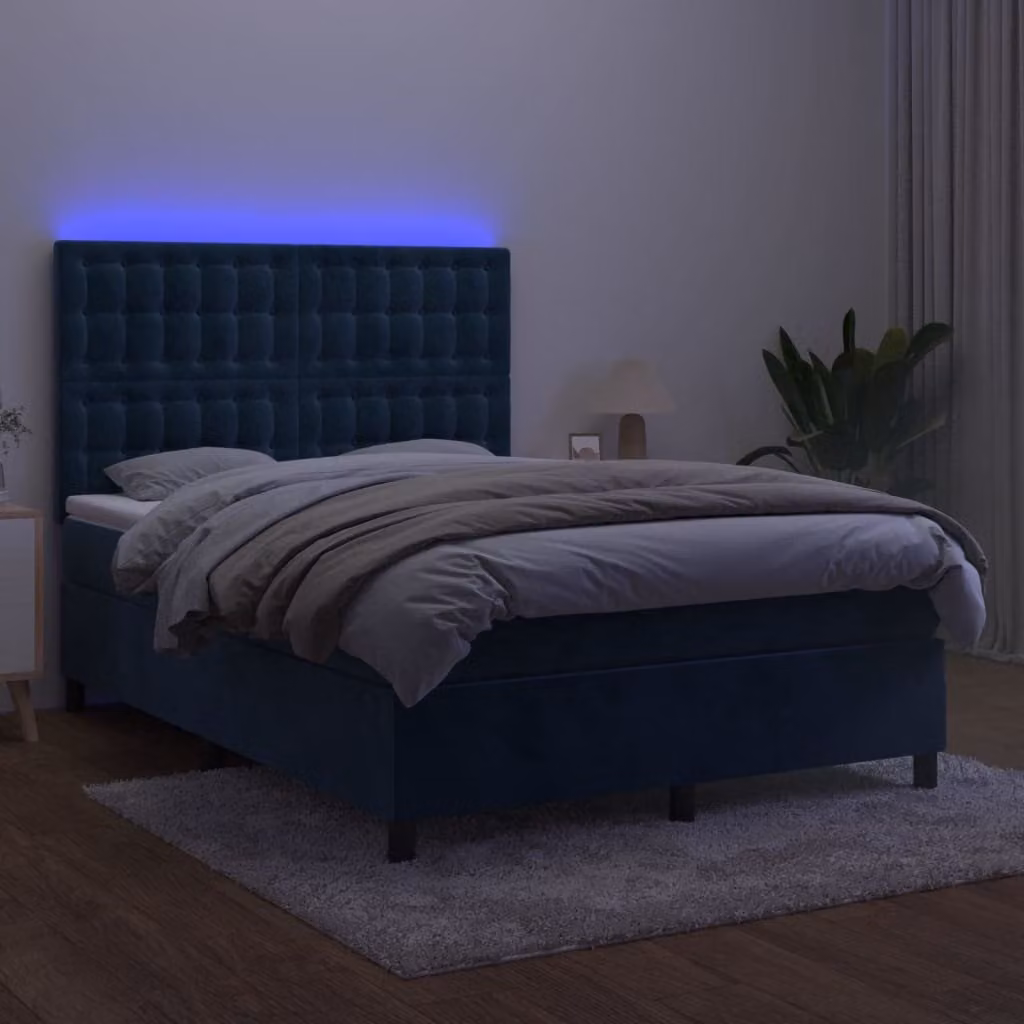 The Living Store Letto a molle con materasso e LED in velluto blu scuro 140x200 cm