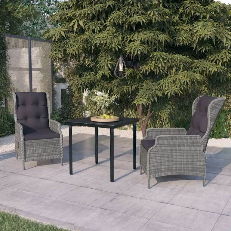 Set da pranzo da giardino moderno vidaXL in acciaio verniciato a polvere e vetro, 3 pezzi, Grigio e Nero