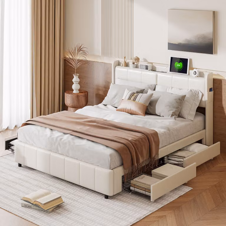 Letto imbottito ProximaX inPoliuretanobianco (160x200cm) con 4 cassetti, letto matrimoniale con connessione USB, ripiano e rete a doghe