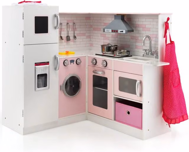 Cucina giocattolo per bambini in legno e MDF rosa e bianca con accessori sonori e luminosi L: 85 cm, P: 84 cm, H: 85 cm