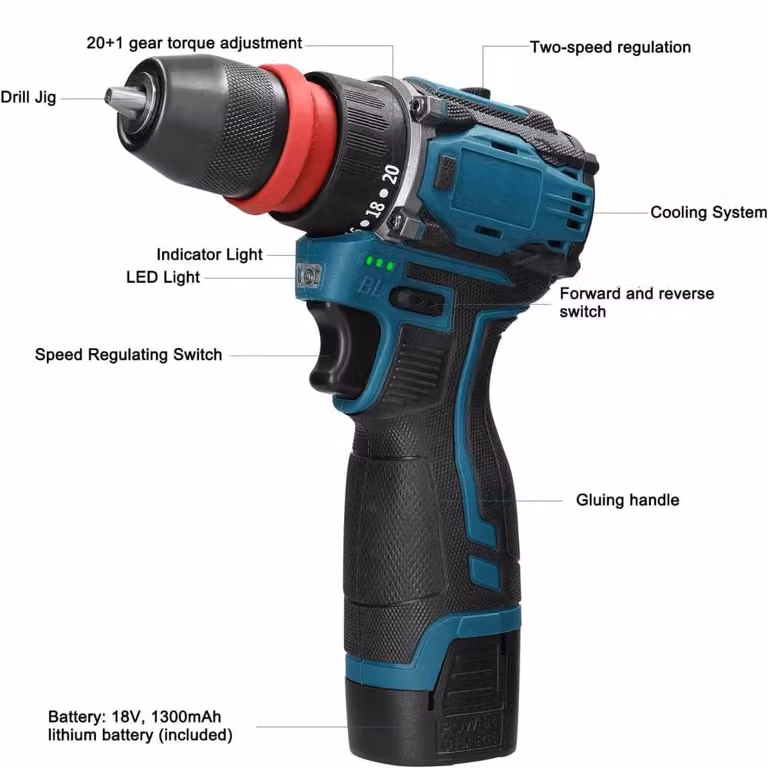 Avvitatore elettrico - Trapano avvitatore a batteria 2-in-1 - Alimentazione a batteria - Motore brushless - 18 V - 2 velocità - 45 Nm - Colore blu