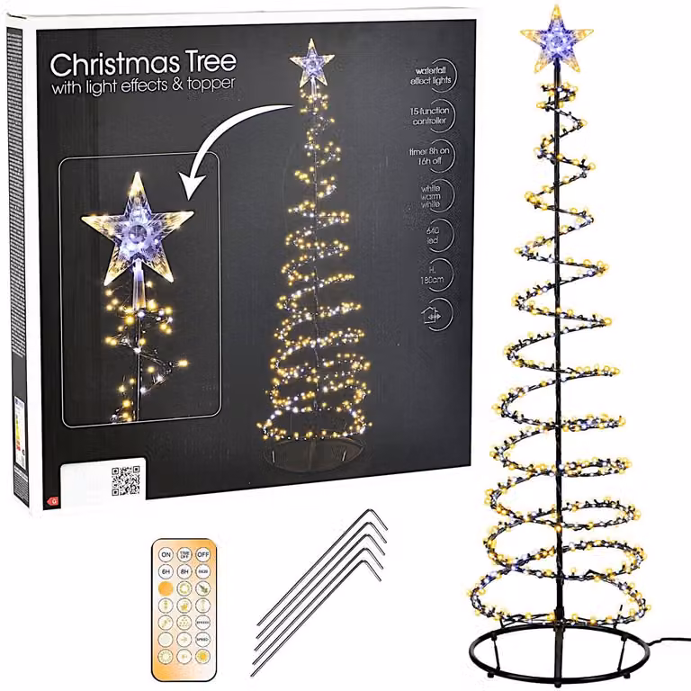 Albero di Natale a LED, altezza 180 cm, con 640 LED, effetto cascata, 15 funzioni di illuminazione e timer, struttura nera