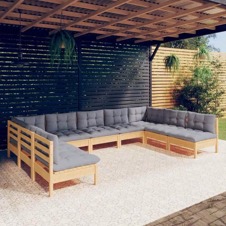 Set di divani da giardino vidaXL a forma di U in legno massello di pino con cuscini grigi, 9 pezzi