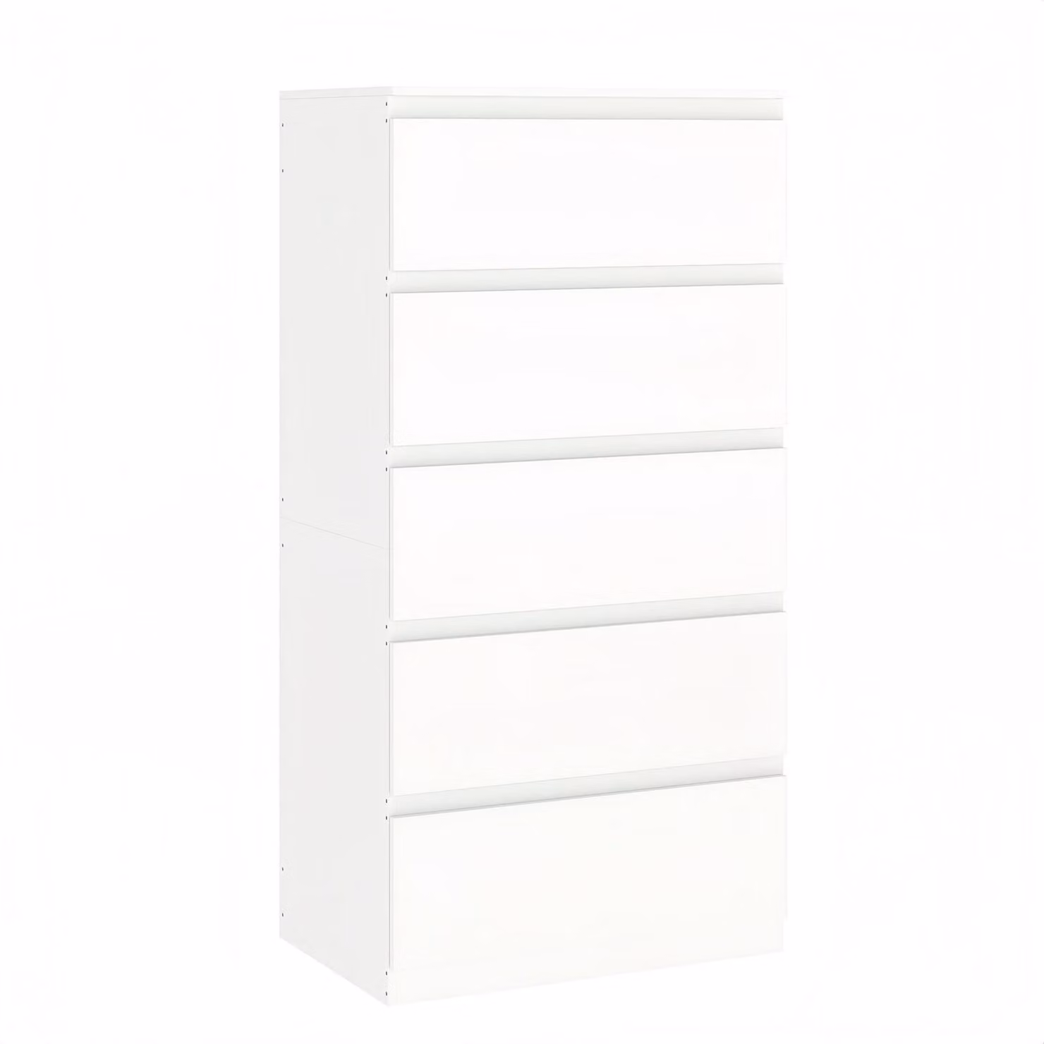 Comodino con 5 cassetti, design sottile, colore bianco, realizzato in MDF, dimensioni 60 x 40 x 120,5 cm