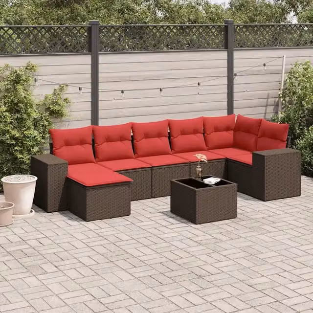 Set Divani da Giardino 8 pz con Cuscini Marrone in Polyrattan 3222893