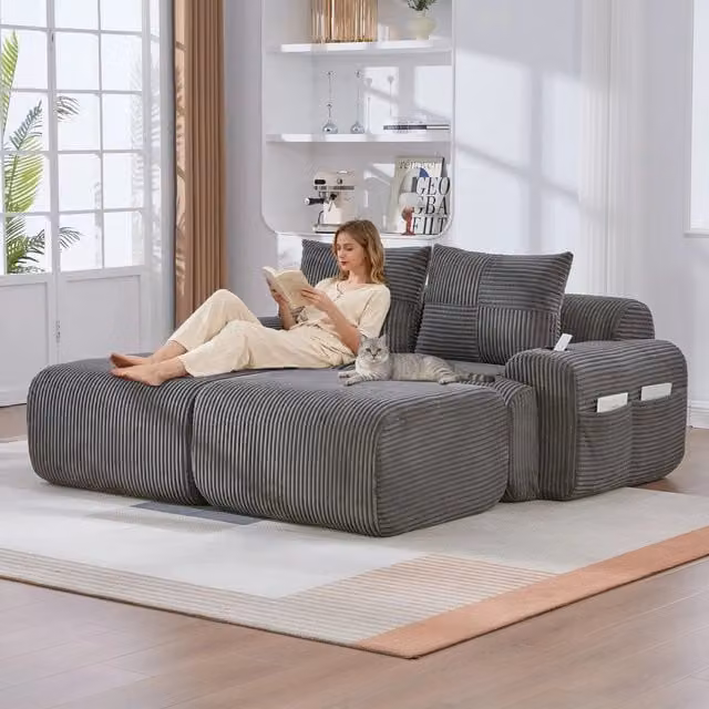 Divano 2 posti con poggiapiedi ¨C Minimal ¨C Tessuto grigio scuro con contenitore