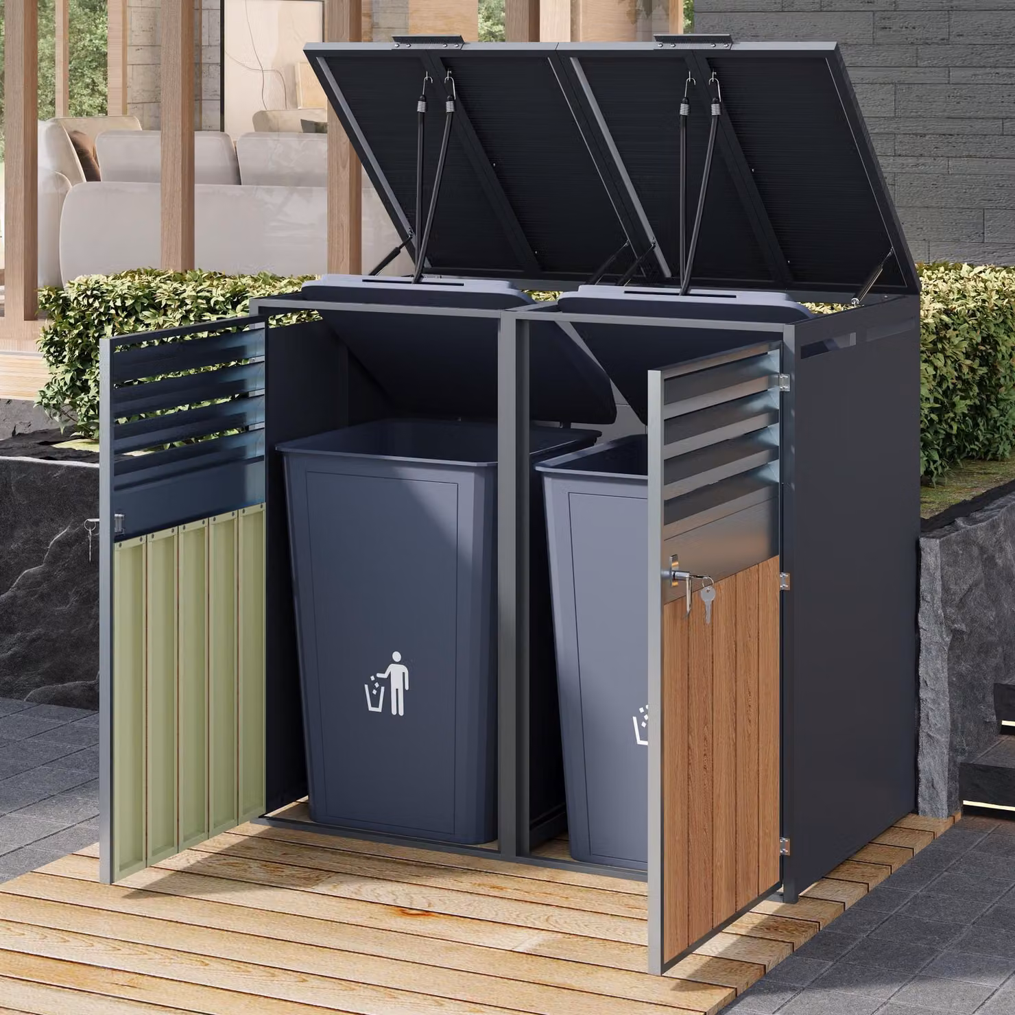 STILVORA: box per bidoni della spazzatura con coperchio ribaltabile e sistema di chiusura idraulico, armadio per bidoni della spazzatura con aperture di ventilazione e lamelle, nonché telaio in acciaio zincato; box per bidoni della spazzatura con due ante