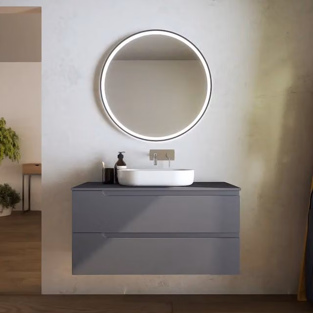 Mobile bagno sospeso 90 cm due cassetti grigio opaco con top | Ardenne