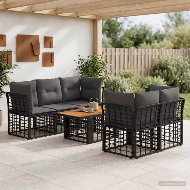 Set Divano da Giardino a L con Tavolino vidaXL, 6 Pezzi, Nero e Grigio, in Polyrattan con Cuscini Inclusi e Rivestimenti Rimovibili