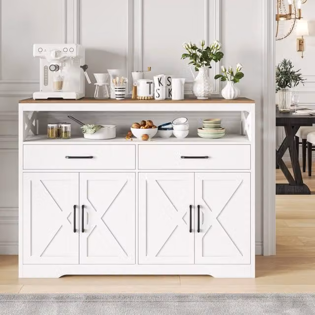 Credenza da cucina 140cm, mobile credenza bianca top effetto legno, 2 cassetti e 4 ante, in legno composito, mobile dispensa salvaspazio per soggiorno cucina