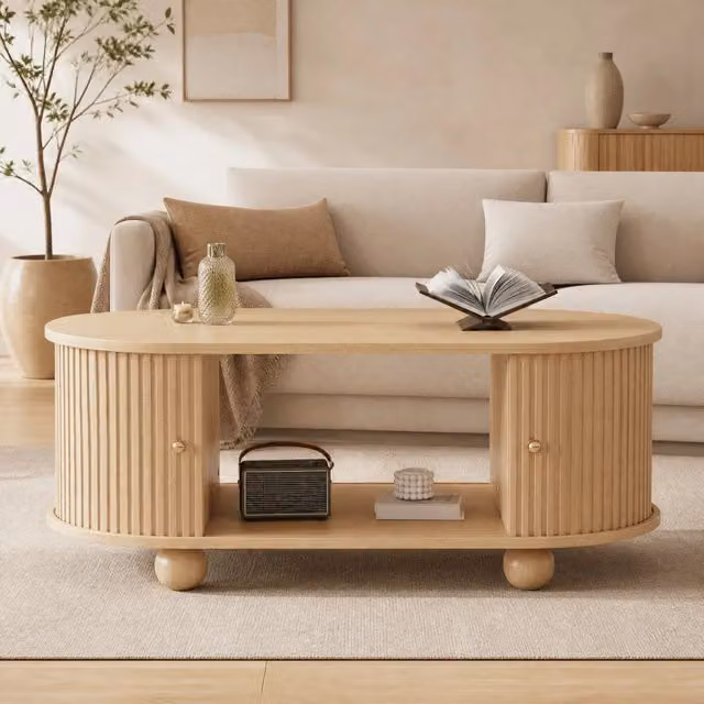 Tavolino basso fisso ovale con ante scorrevoli; vano contenitore e MDF rigato color legno 100 × 50 × 40 cm