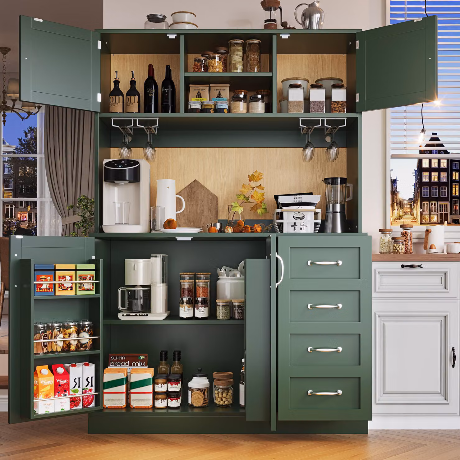 MODFU Mobile da cucina, credenza laterale con 2 grandi cassetti e spazio aperto, armadio contenitore, armadio alto con illuminazione a LED e ripiano contenitore, ampio spazio contenitivo, verde