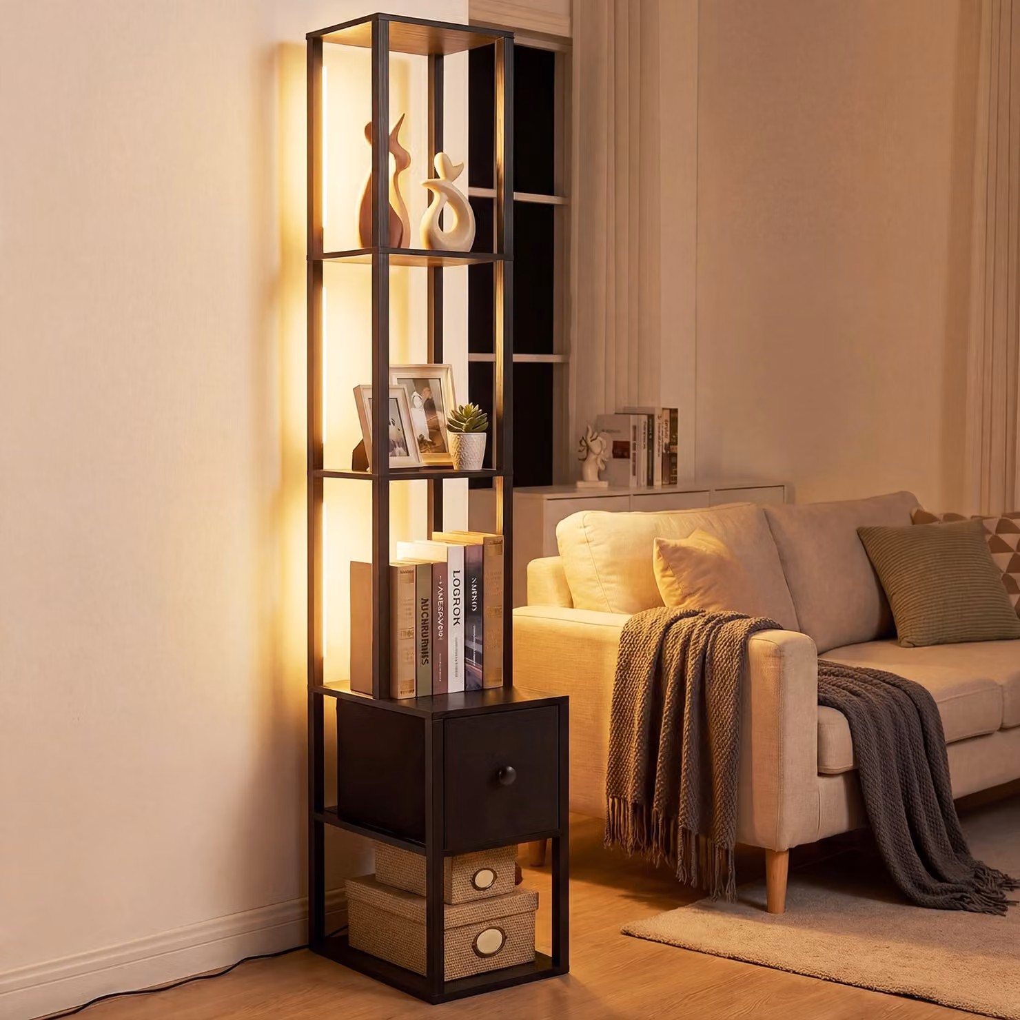 Costway Lampada da terra moderna con ripiani e cassetto, design angolare in legno e metallo nero, luminosità regolabile, ideale per soggiorno e camera da letto