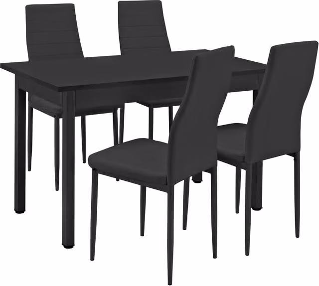 Set da Sala da Pranzo Tavolo con 4 Sedie Gambe in Acciaio Rivestimento in Similpelle - Nero [en.casa]