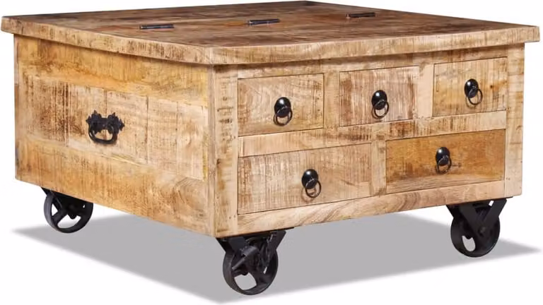 The Living Store Tavolino in legno di mango grezzo 70x70x40 cm