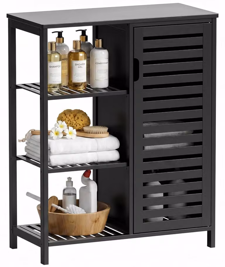 Mobiletto contenitore per il bagno, in bambù, con 1 anta, 3 ripiani aperti, colore nero