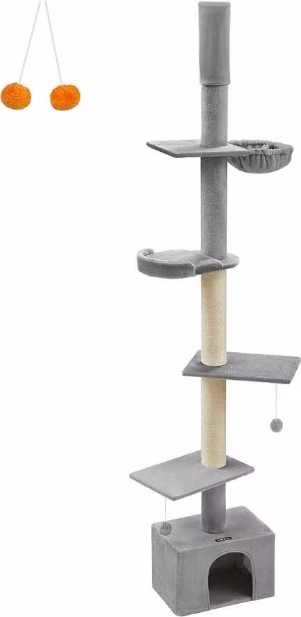 Torre per gatti Rootz Ceiling High - Tiragraffi - Torre per gatti - Altezza regolabile - Grigio chiaro - MDF, compensato, peluche, sisal - 45 cm x 30 cm x (231-291 cm)