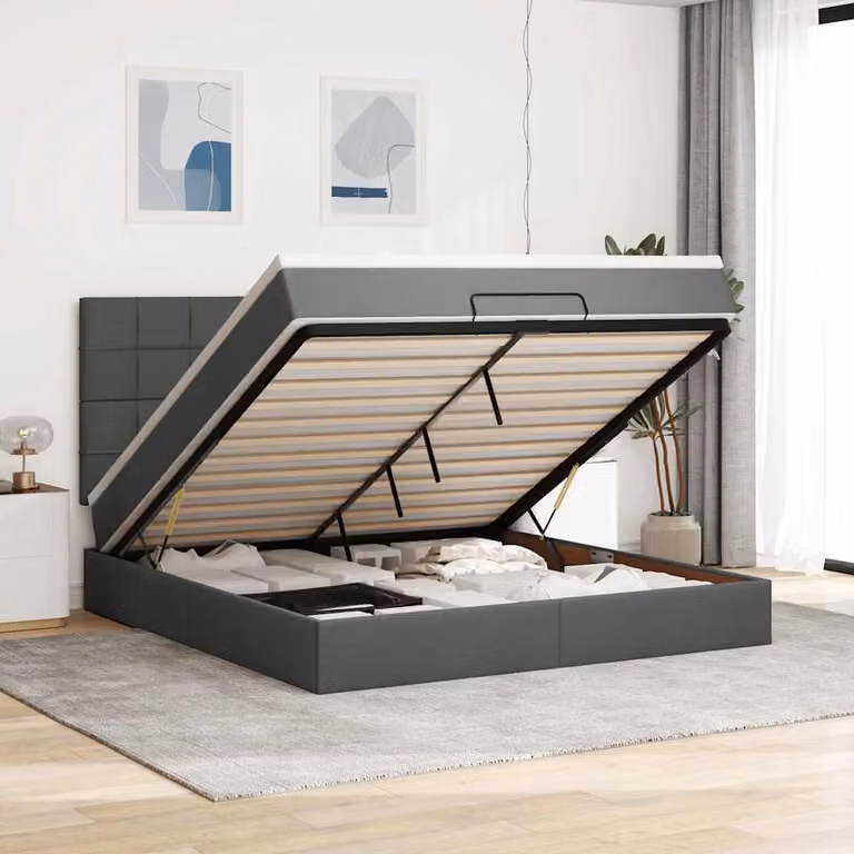 Letto con contenitore a sollevamento vidaXL in tessuto grigio e bianco con materasso, illuminazione sottostante e porta di ricarica USB, L/P/H: 160 x 200 x 128 cm