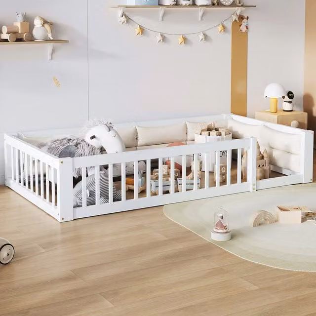Letto basso singolo 90×200 cm con barriera di sicurezza e cuscini, senza materasso, legno e MDF, bianco