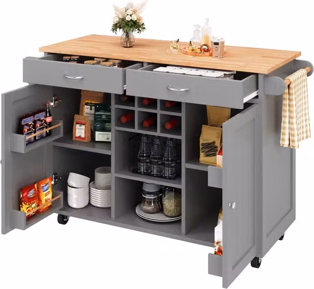 Isola cucina grigia con contenitore 102 x 45 x 92 cm in MDF e metallo con ruote e portabottiglie