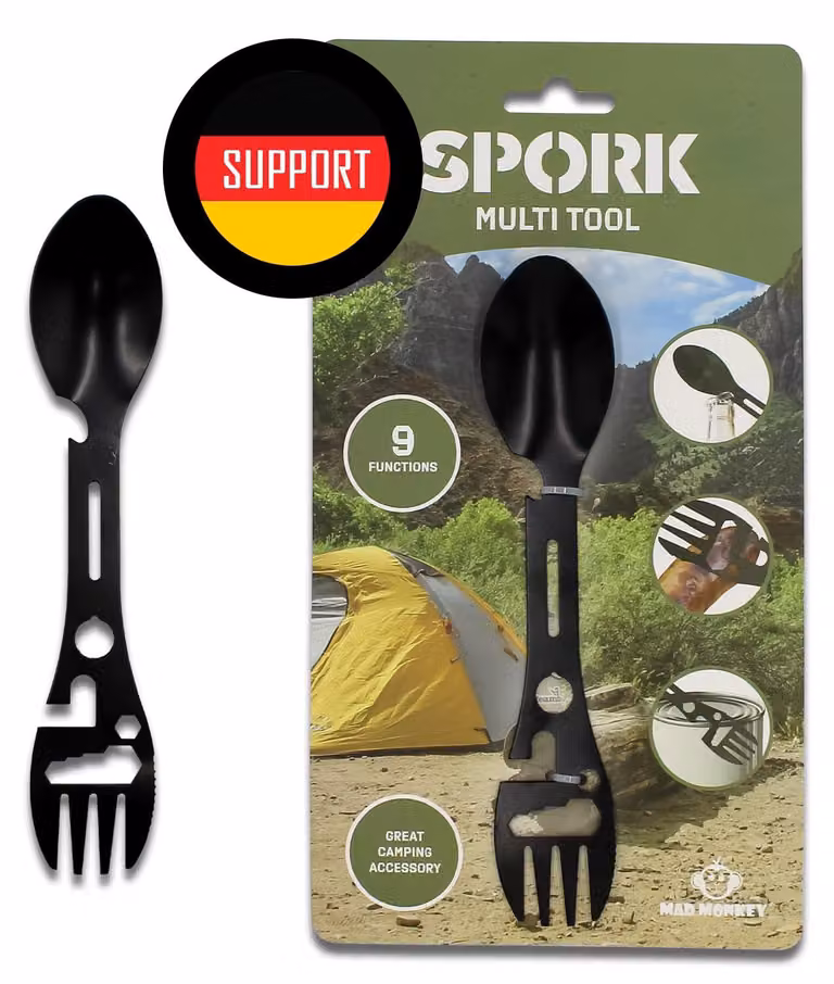 Posata multifunzione in acciaio inossidabile, coltello-forchetta multifunzione da campeggio 9-in-1, confezione singola, ideale per attività all'aperto