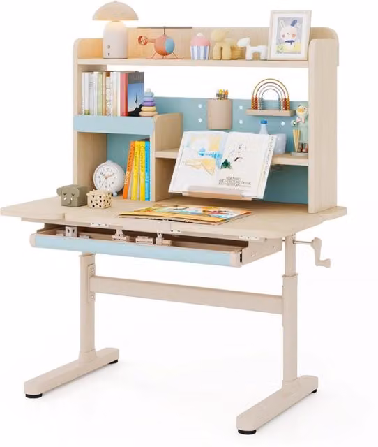 Tavolo da studio regolabile in altezza con piano inclinabile mensole, Scrivania per bambini con libreria e cassetto Blu