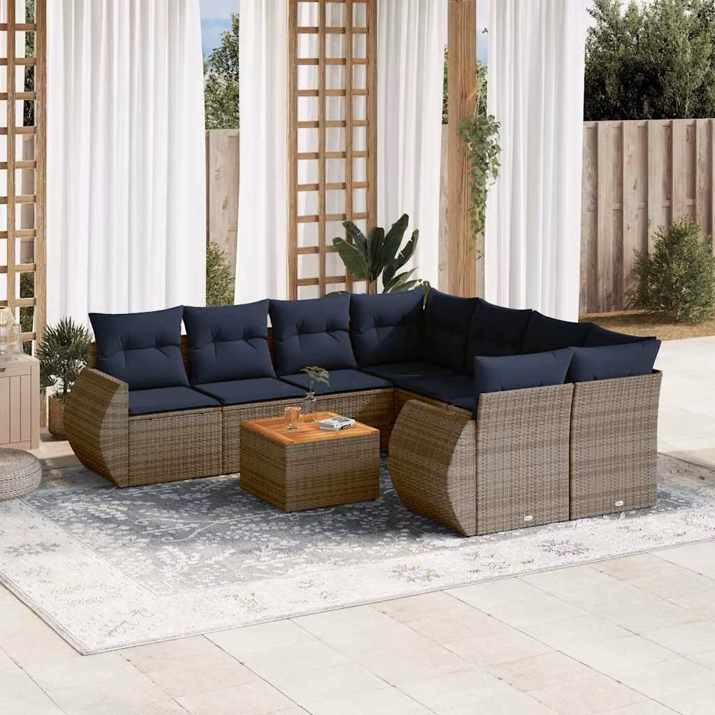 Set di divani da giardino vidaXL in polyrattan grigio con cuscini e tavolino da esterno a forma di L