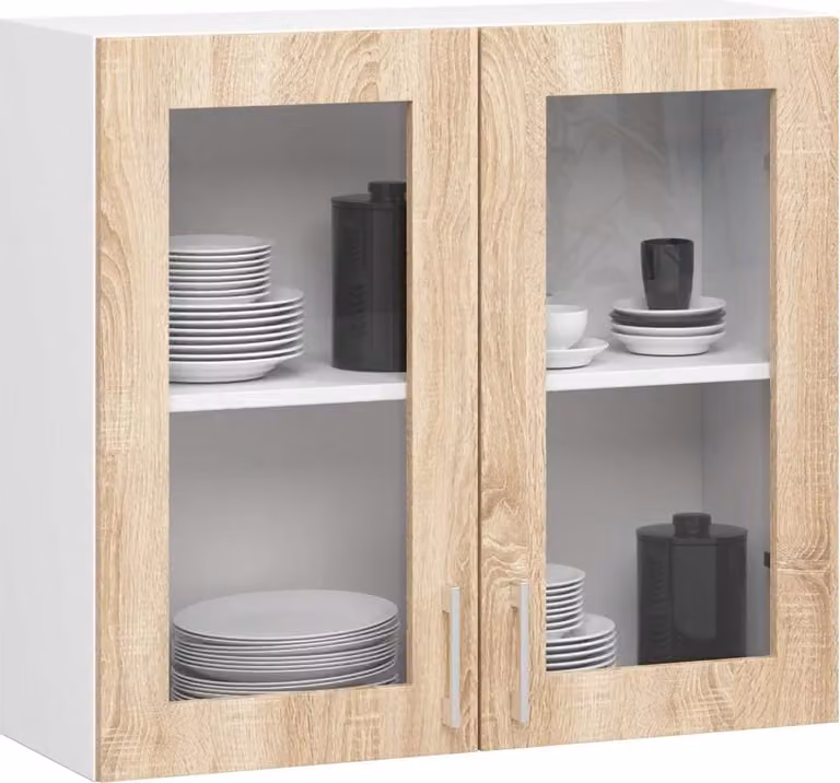 Vetrina superiore a due ante TRIVORA - larghezza 80 cm, bianco / rovere sonoma