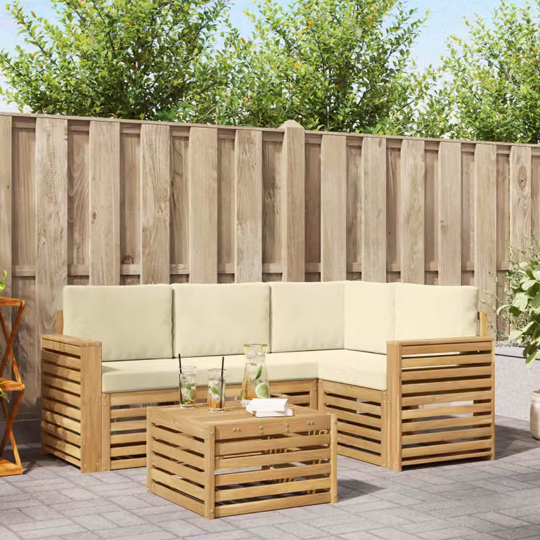 Set di divani da esterno a L vidaXL con tavolo da caffè, struttura in legno di acacia e cuscini inclusi, Bianco, Beige e Marrone