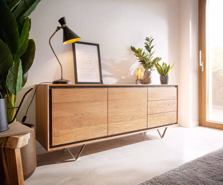Credenza DELIFE Stonegrace 175 cm in acacia naturale, 2 ante e 3 cassetti, impiallacciatura pietra, piedini a V
