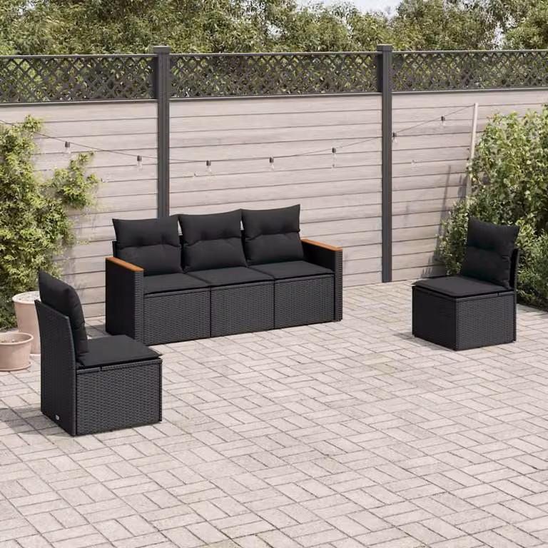 Set di divani da giardino vidaXL 5 pezzi in polyrattan nero con cuscini inclusi