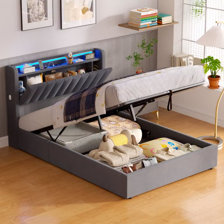 MODFU Letto imbottito 140 × 190 Letto per bambini con luce LED e cassetti, letto boxspring con contenitore, grigio (senza materasso)